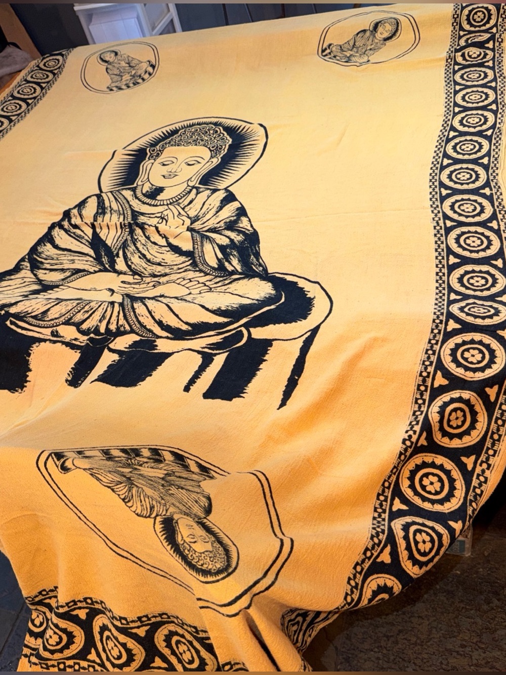 Buddha GOLD Black Cotton Tapestry BIG light Wt Blanket ART Wiccan 98x60” YOGA XL